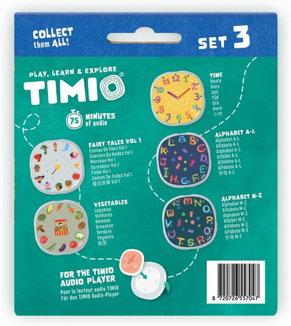 TIMIO Disk Set # 3: 5 Audio-Discs voor de TIMIO Player | Leer 12 Sprookjes Vol. 1, de Tijd, Groenten, Alfabet A-L, Alfabet M-Z | Alles in 8 Talen | Leerspeelgoed van 2 - 6 Jaar