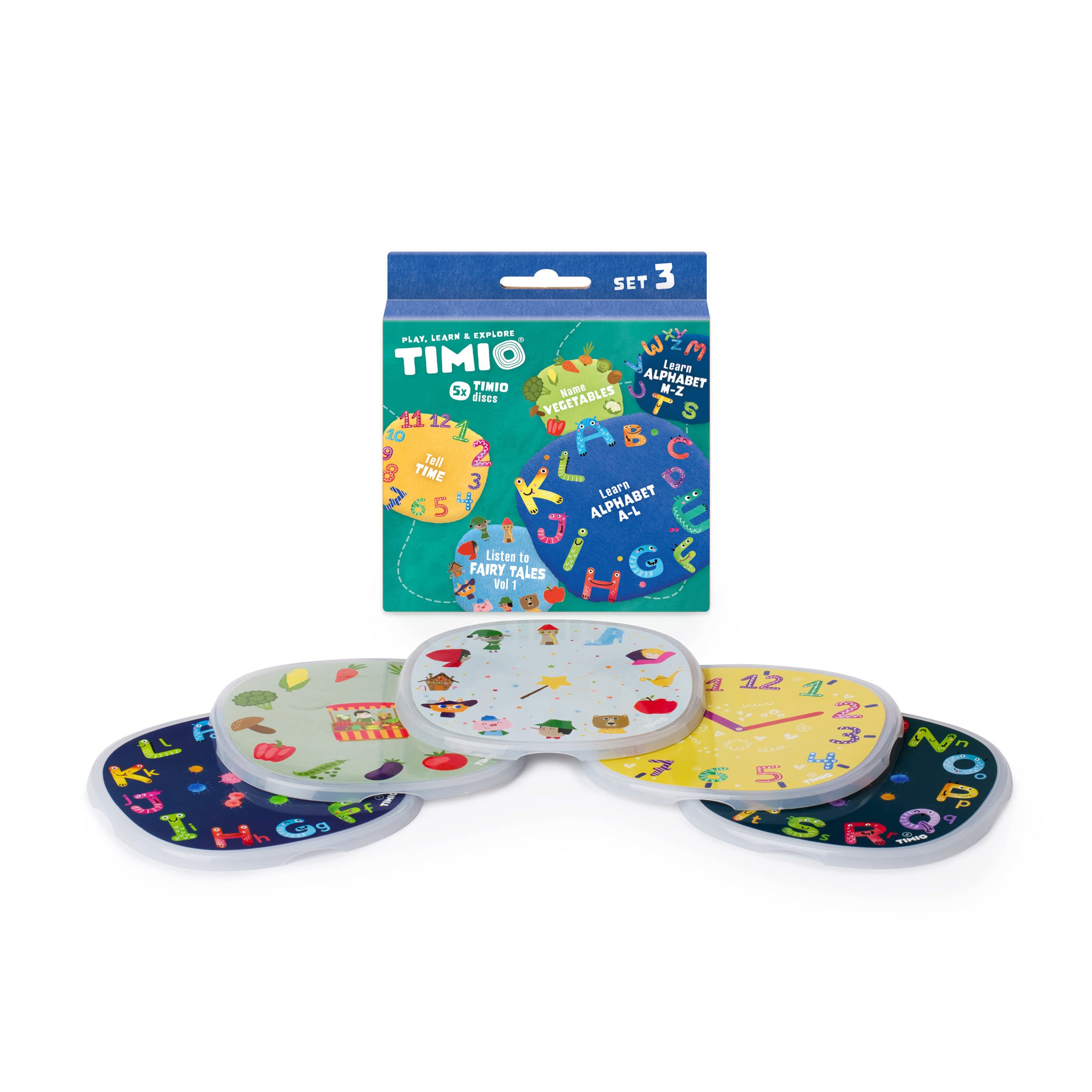 TIMIO Disk Set # 3: 5 Audio-Discs voor de TIMIO Player | Leer 12 Sprookjes Vol. 1, de Tijd, Groenten, Alfabet A-L, Alfabet M-Z | Alles in 8 Talen | Leerspeelgoed van 2 - 6 Jaar