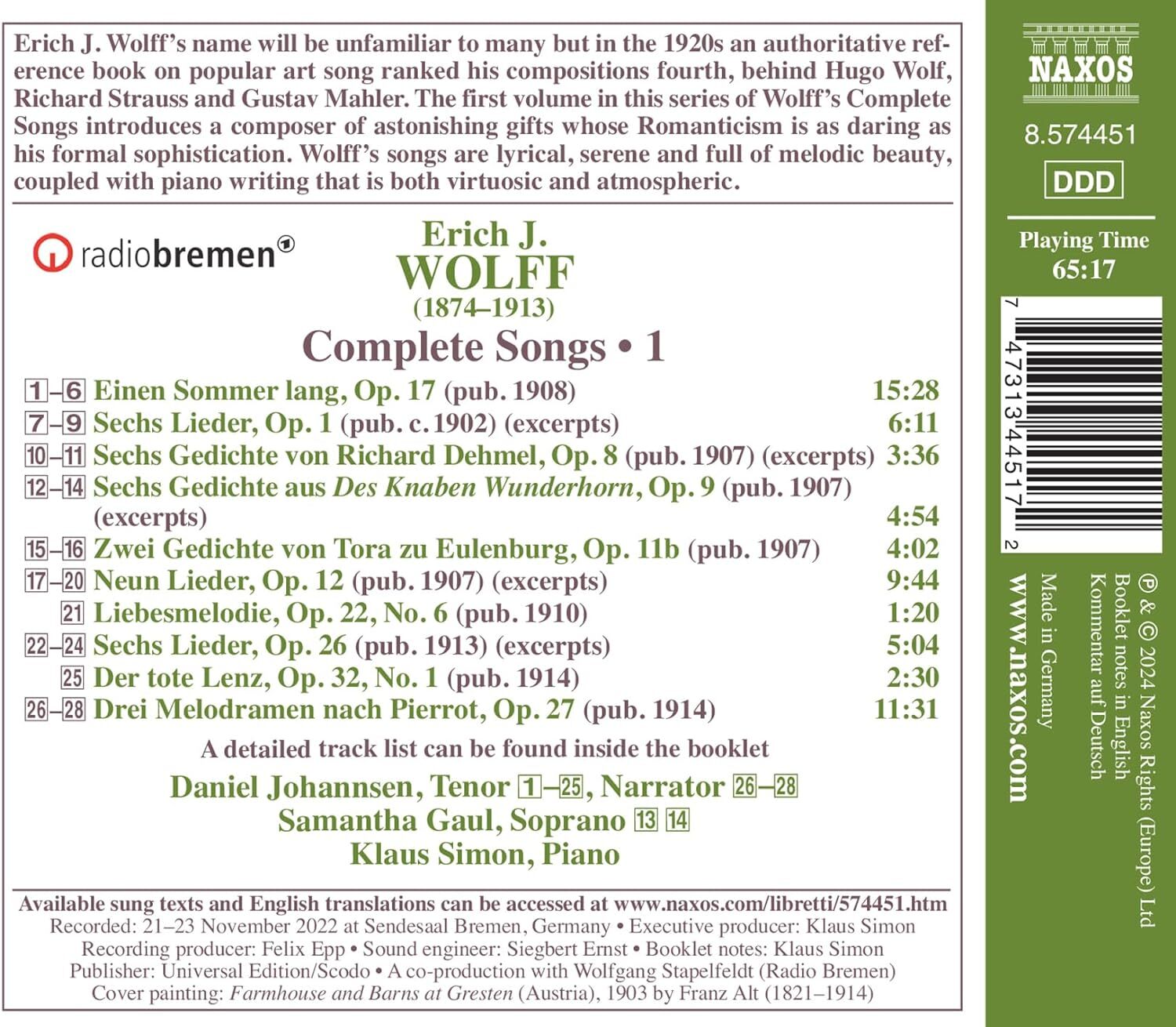 Erich J. Wolff: Complete Songs - Volume 1