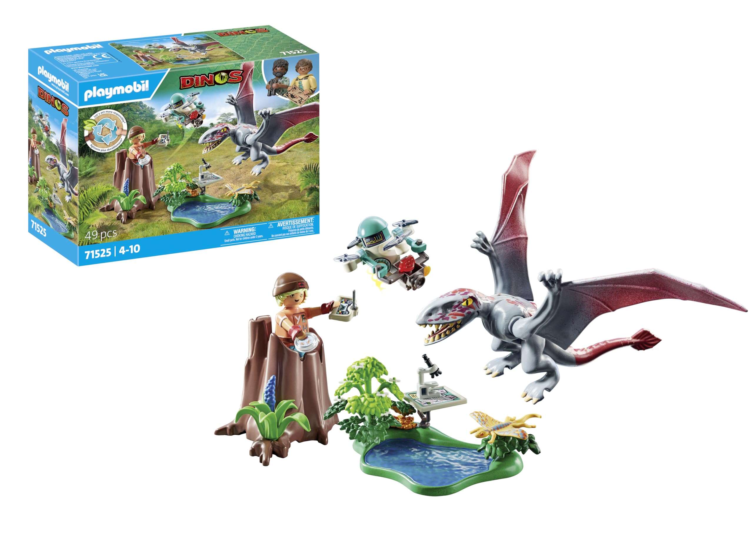 PLAYMOBIL Dinos 71525 Beobachtungsstation für Dimorphodon, inklusive Drohne mit Kamera sowie weiteren spannendes Accessoires, nachhaltiges Spielzeug für Kinder ab 4 Jahren