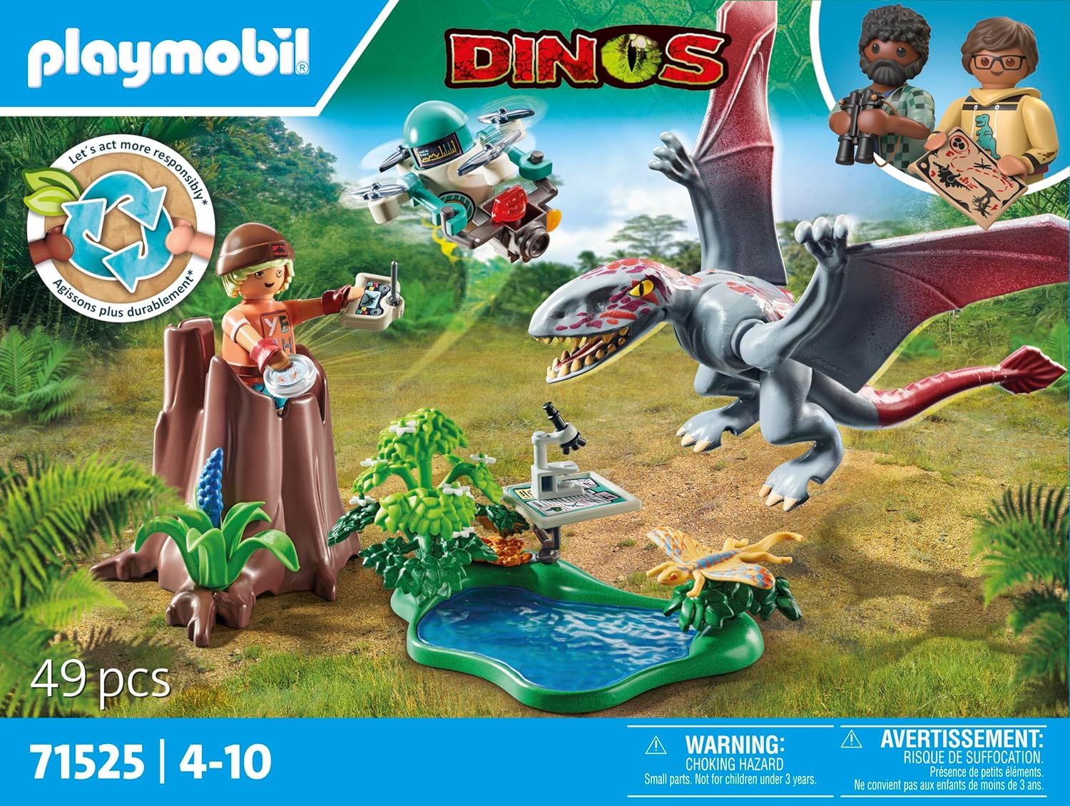 PLAYMOBIL Dinos 71525 Beobachtungsstation für Dimorphodon, inklusive Drohne mit Kamera sowie weiteren spannendes Accessoires, nachhaltiges Spielzeug für Kinder ab 4 Jahren