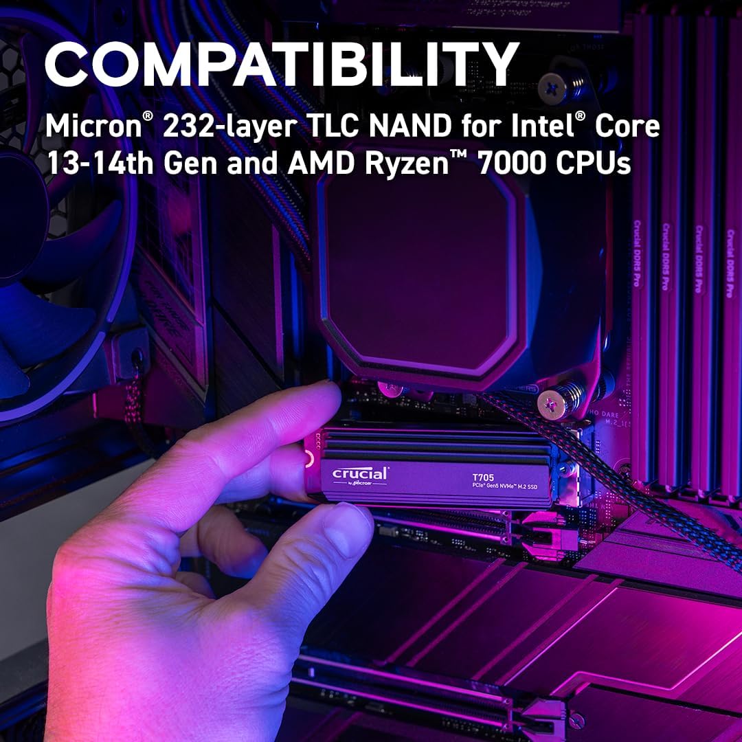 Crucial T705 1TB SSD PCIe Gen5 NVMe M.2 Internal Gaming SSD with Premium Heatsink (New 2024), Up to 13,600MB/s, Microsoft DirectStorage, PCIe 3.0 & 4.0 Compatible, Solid State Drive - CT1000T705SSD5