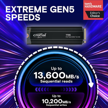Crucial T705 1TB SSD PCIe Gen5 NVMe M.2 Internal Gaming SSD with Premium Heatsink (New 2024), Up to 13,600MB/s, Microsoft DirectStorage, PCIe 3.0 & 4.0 Compatible, Solid State Drive - CT1000T705SSD5