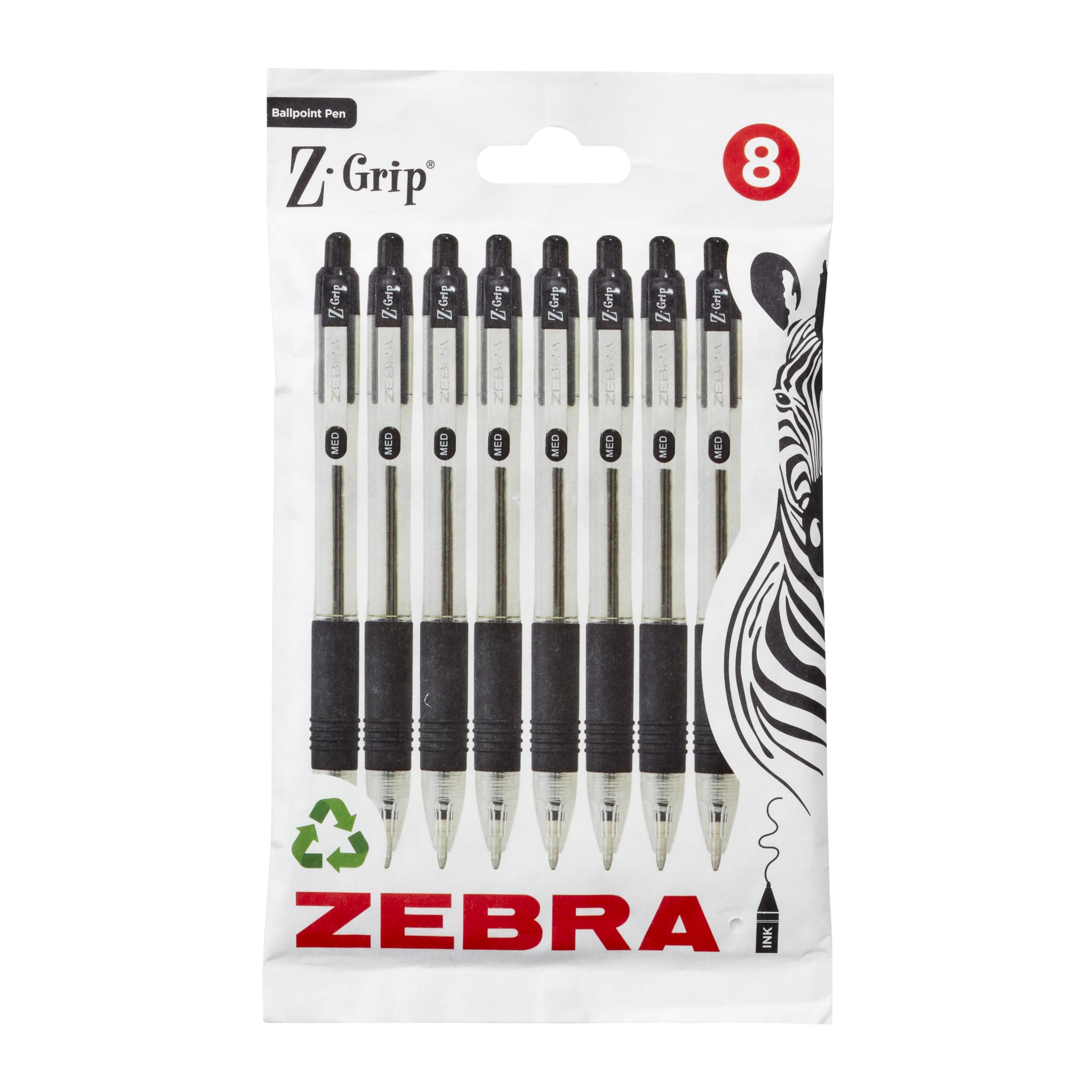 Zebra Pen Z Grip Black Ballpoint Pens with Pocket Clip 8pk, Retractable Black Ink Ballpoint Pens, Reliable Black Biro Pens Multipack for Everyday Use Design, New Pack Size 8pk