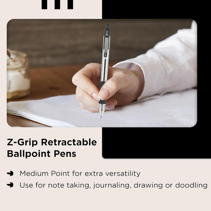 Zebra Pen Z Grip Black Ballpoint Pens with Pocket Clip 8pk, Retractable Black Ink Ballpoint Pens, Reliable Black Biro Pens Multipack for Everyday Use Design, New Pack Size 8pk