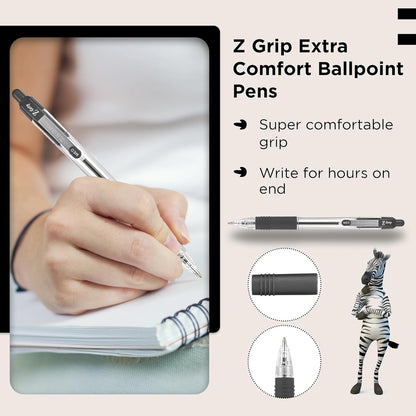 Zebra Pen Z Grip Black Ballpoint Pens with Pocket Clip 8pk, Retractable Black Ink Ballpoint Pens, Reliable Black Biro Pens Multipack for Everyday Use Design, New Pack Size 8pk
