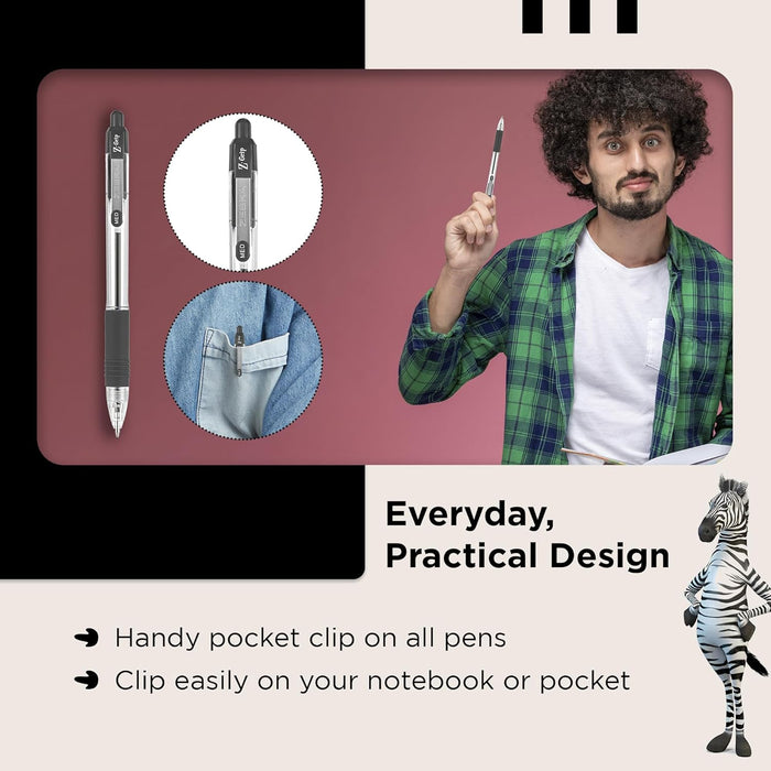 Zebra Pen Z Grip Black Ballpoint Pens with Pocket Clip 8pk, Retractable Black Ink Ballpoint Pens, Reliable Black Biro Pens Multipack for Everyday Use Design, New Pack Size 8pk