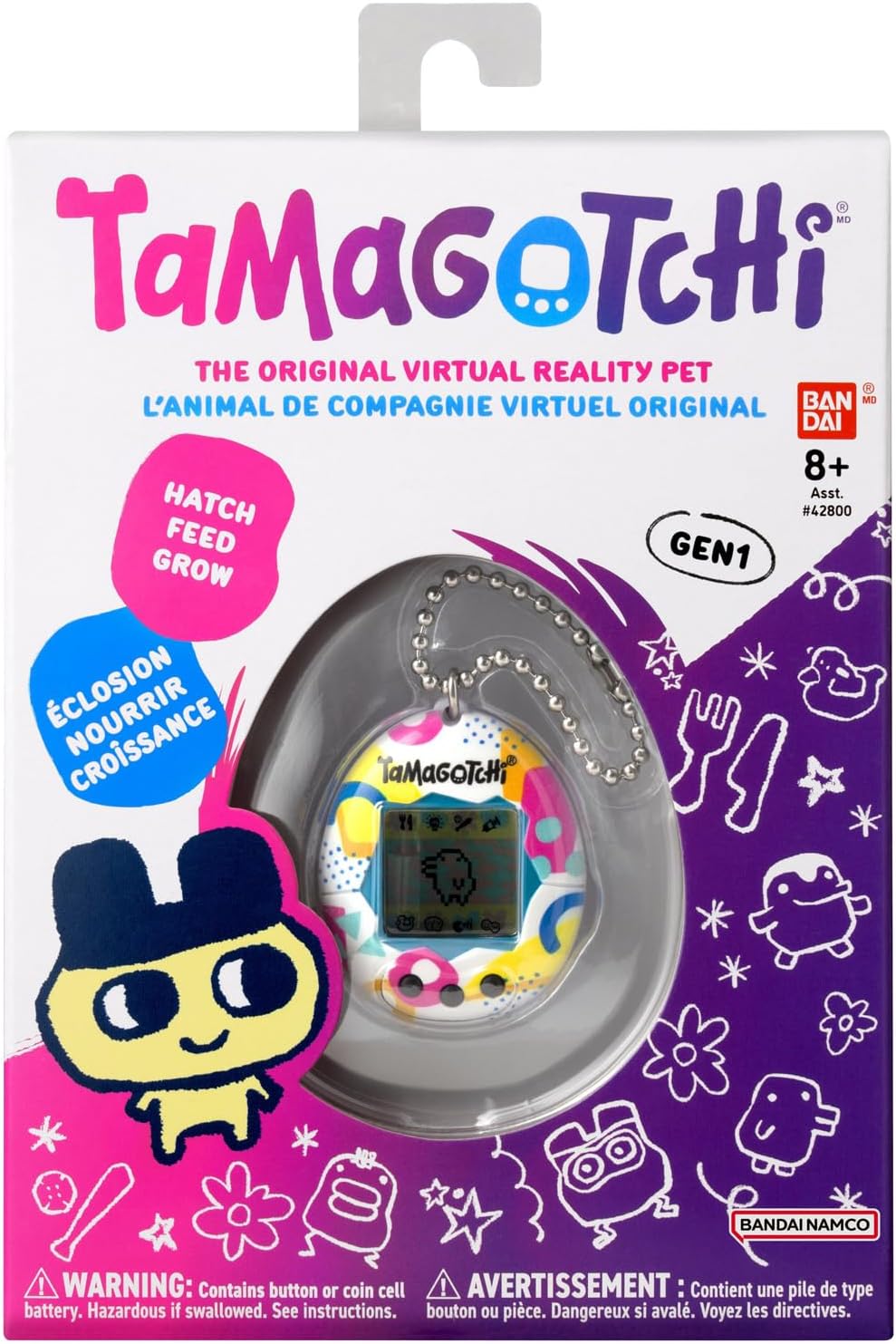 Bandai Tamagotchi Original Memphis Shell | Tamagotchi Original Cyber Pet 90s Adults and Kids Toy with Chain | Retro Virtual Pets are Great Boys and Girls Toys or Gifts for Ages 8+