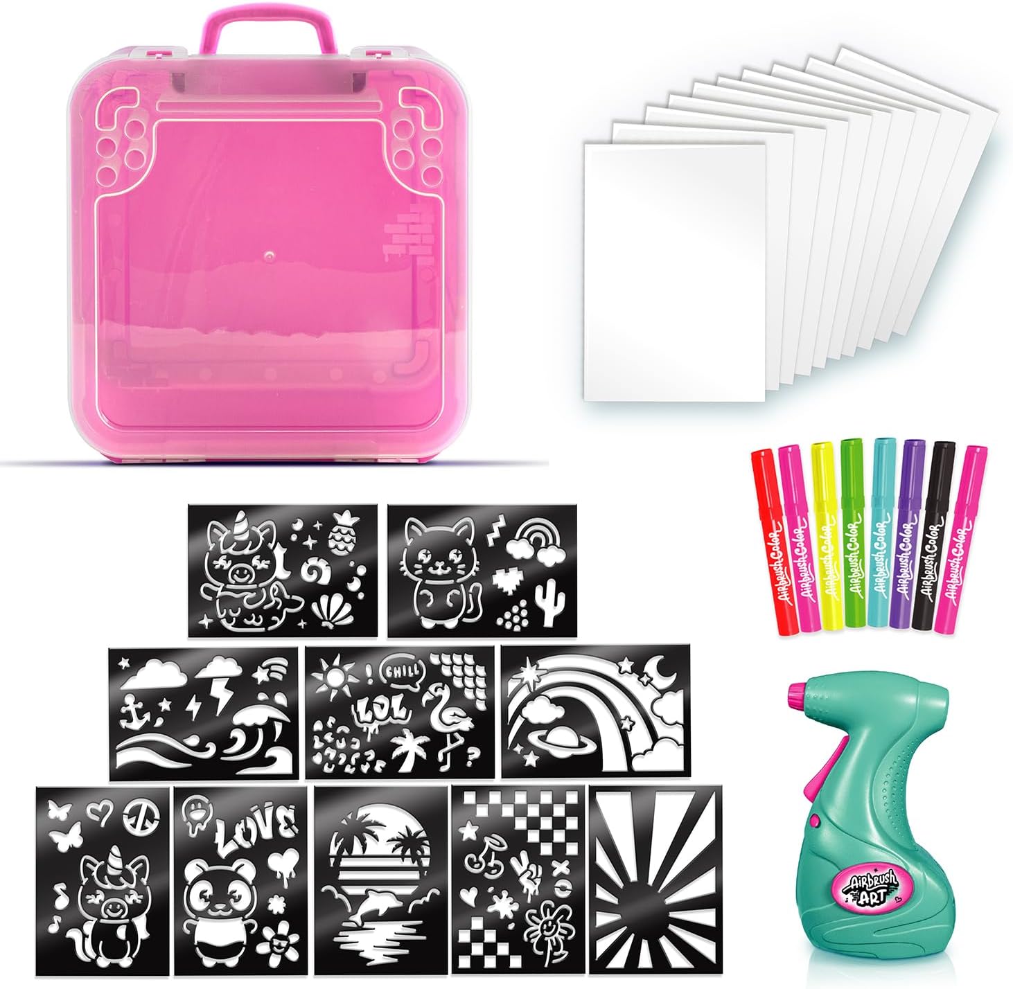 Airbrush Activity Case, Create Amazing Art with The Battery Powered Airbrush, use The pens Paper and Stencils to Create Fun Designs, Easy Storage in The Handy Carry case, Pink Airbrush Art Activity Case