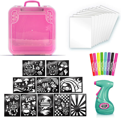 Airbrush Activity Case, Create Amazing Art with The Battery Powered Airbrush, use The pens Paper and Stencils to Create Fun Designs, Easy Storage in The Handy Carry case, Pink Airbrush Art Activity Case
