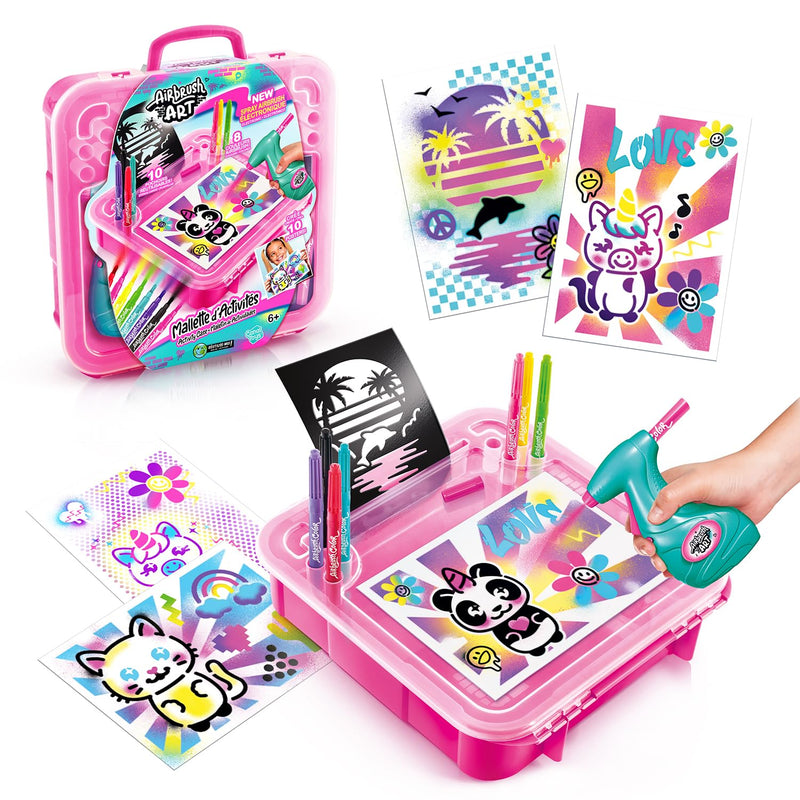 Airbrush Activity Case, Create Amazing Art with The Battery Powered Airbrush, use The pens Paper and Stencils to Create Fun Designs, Easy Storage in The Handy Carry case, Pink Airbrush Art Activity Case