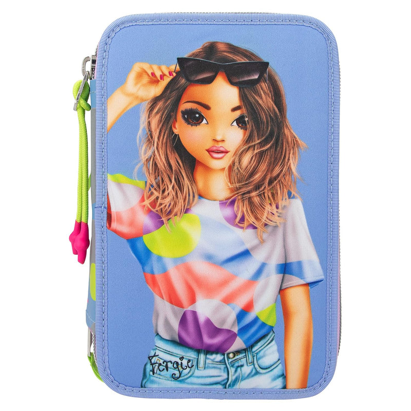 Depesche 12749 TOPModel Flash - Filled 3-Compartment Pencil Case with Model Motif and Colourful Graphic Pattern Made of Reflector Material, Pencil Case with Colouring Pencils, Ruler, Scissors and Much