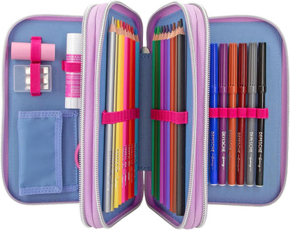 Depesche 12749 TOPModel Flash - Filled 3-Compartment Pencil Case with Model Motif and Colourful Graphic Pattern Made of Reflector Material, Pencil Case with Colouring Pencils, Ruler, Scissors and Much
