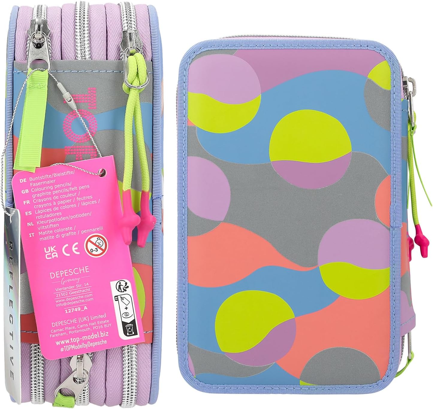Depesche 12749 TOPModel Flash - Filled 3-Compartment Pencil Case with Model Motif and Colourful Graphic Pattern Made of Reflector Material, Pencil Case with Colouring Pencils, Ruler, Scissors and Much