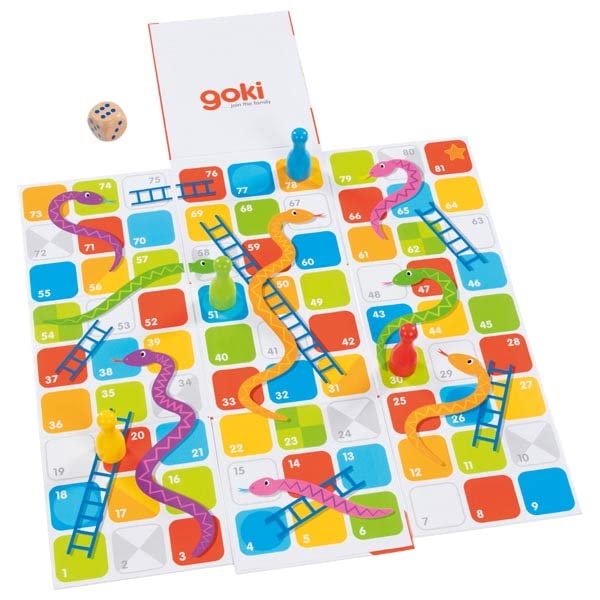GOKI- Serpientes y escaleras XXL en un Cubo desplegable Juegos Tradicionales, Multicolor (56636