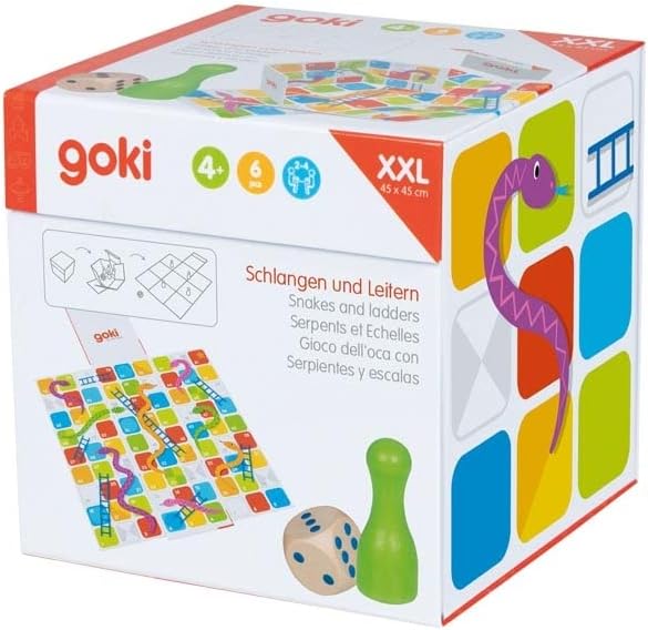 GOKI- Serpientes y escaleras XXL en un Cubo desplegable Juegos Tradicionales, Multicolor (56636
