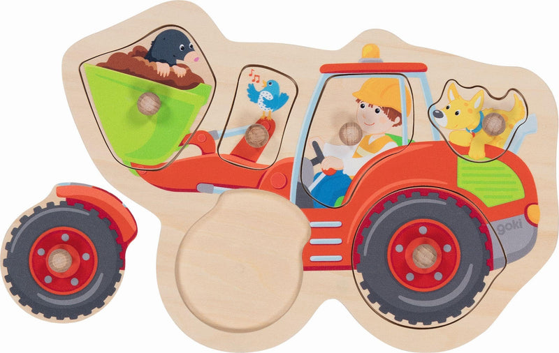 goki 57345 - Steckpuzzle Schaufelbagger - 6 robuste Teile aus Holz - angenehme Haptik- perfekt für kleine Baggerfans