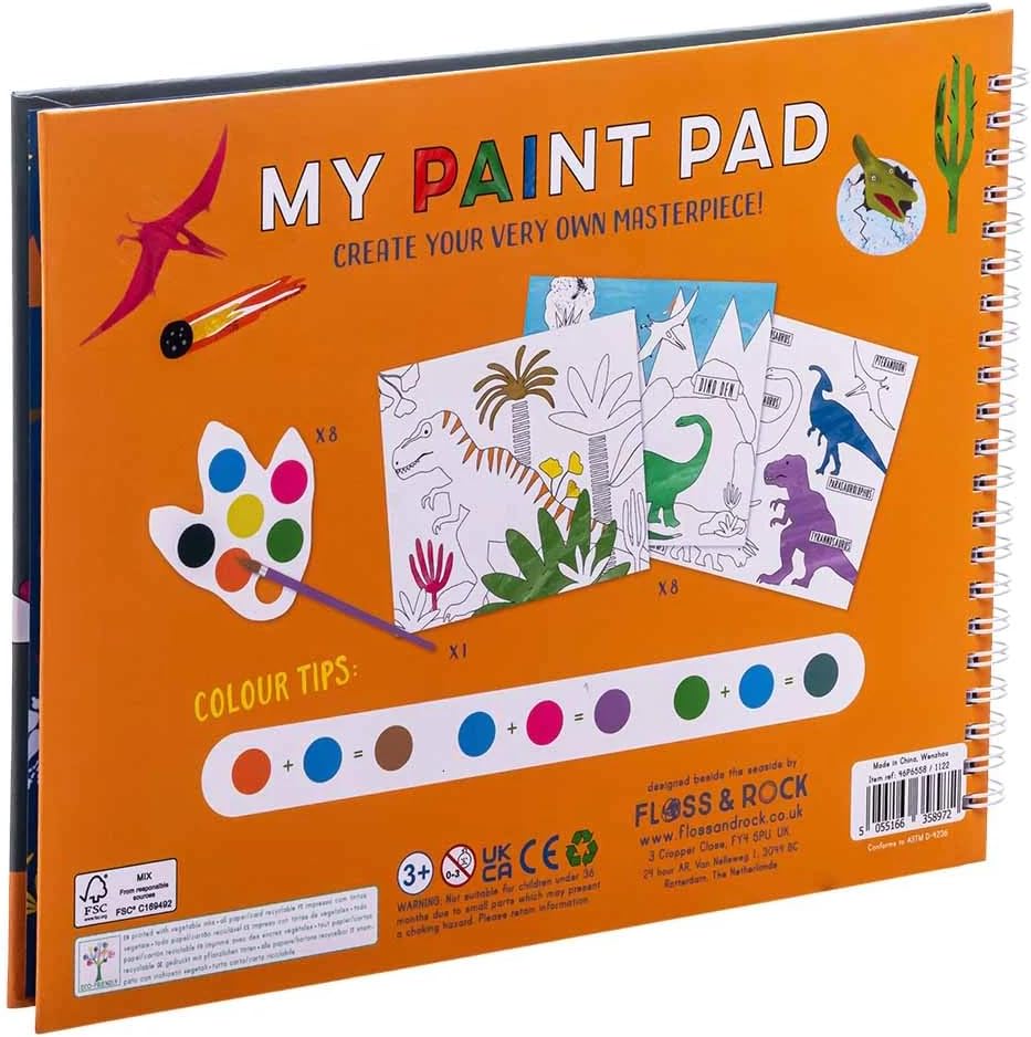Floss & Rock Dino Kids My Painting Pad Set met 8 afbeeldingen, 8 verfpallets en een penseel