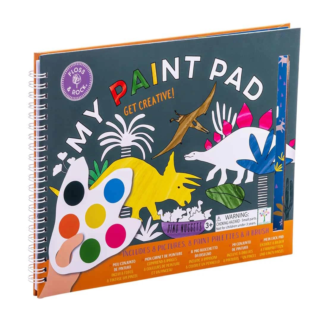 Floss & Rock Dino Kids My Painting Pad Set met 8 afbeeldingen, 8 verfpallets en een penseel