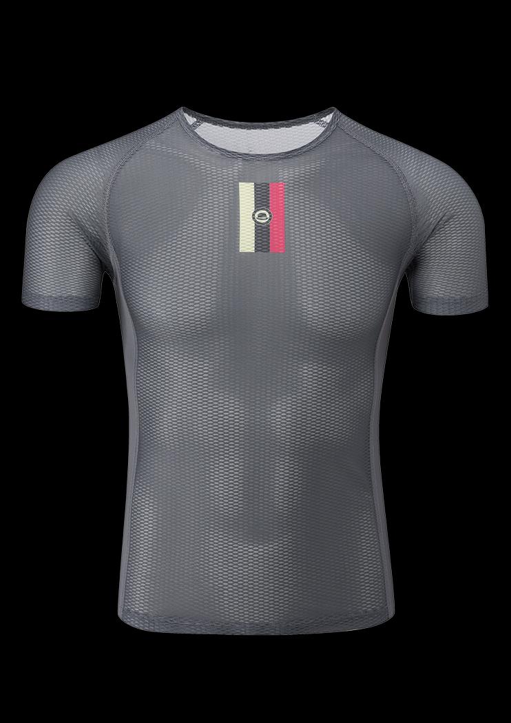 Chapeau! Mens Mesh SS Base Layer Neck Stripe Flint Grey Medium