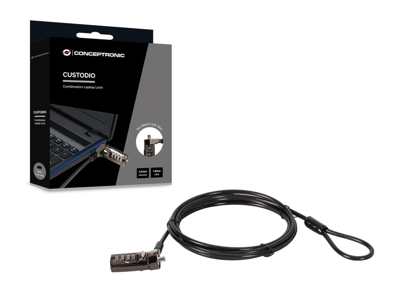 CONCEPTRONIC CUSTODIO01BN - Lucchetto combinato per computer portatile, slot nano-blocco, 1,8 m