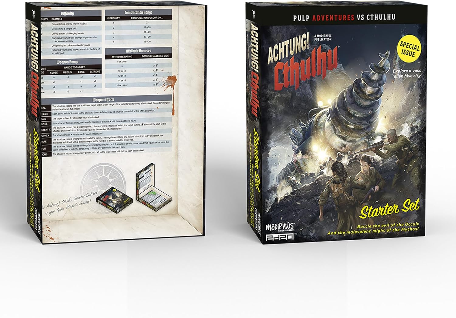 Modiphius Entertainment: Achtung! Cthulhu: Starter Set - RPG Boxed Set w/ 2 Books, Maps, Dice & Character Sheets, 2d20 System, Pulp Horror Roleplaying