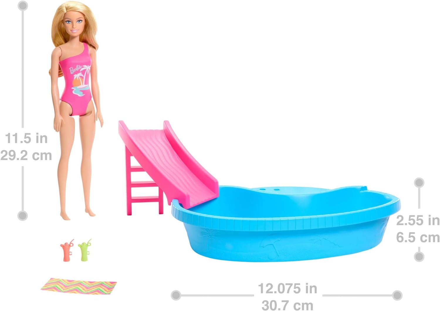 Barbie Muñeca Rubia con bañador Rosa, Piscina, tobogán y Accesorios para el Agua, Juguete +3 años (Mattel HRJ74)