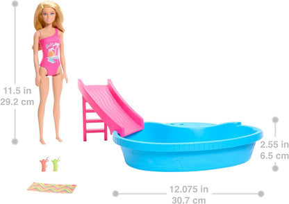 Barbie Muñeca Rubia con bañador Rosa, Piscina, tobogán y Accesorios para el Agua, Juguete +3 años (Mattel HRJ74)