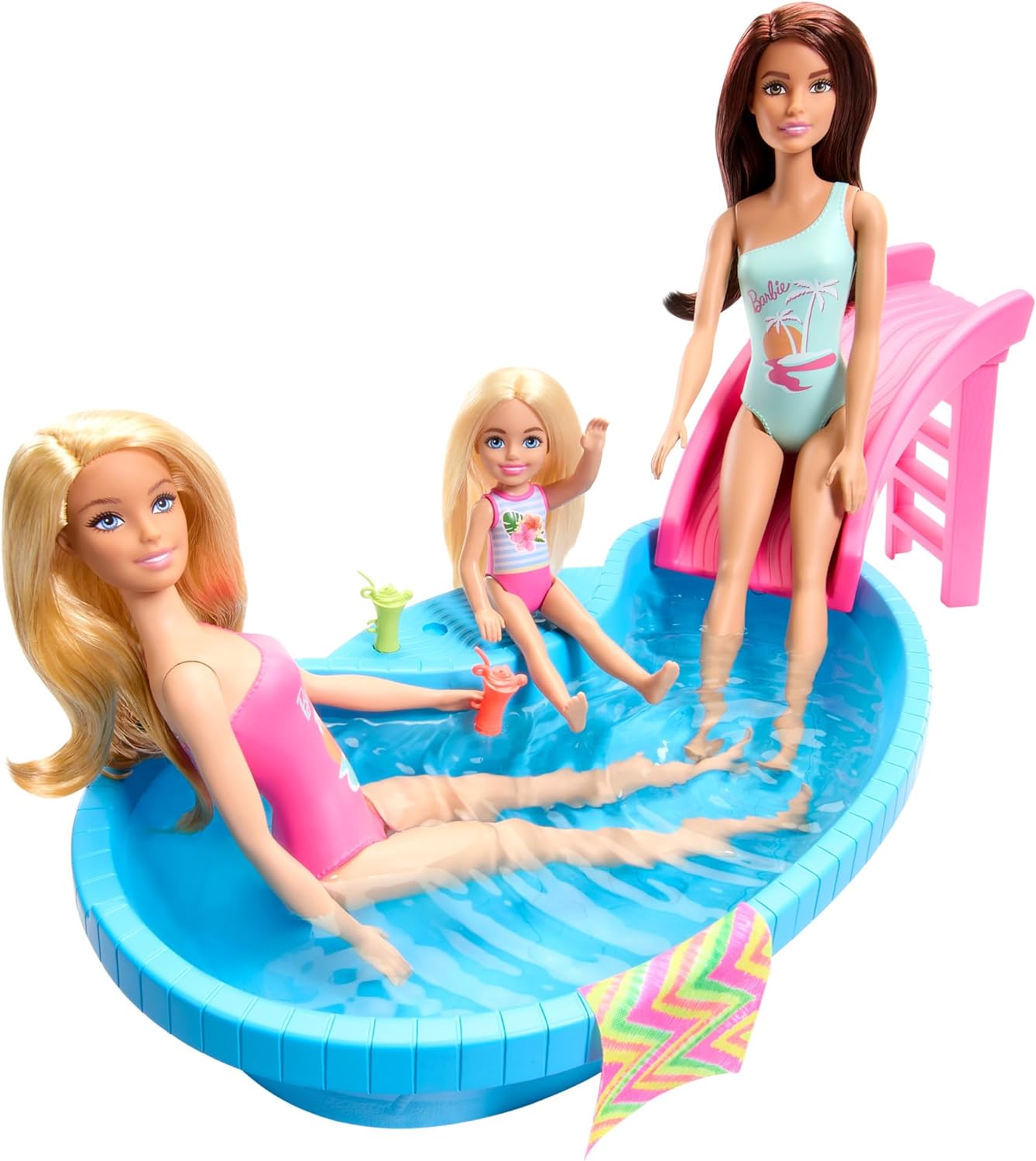 Barbie Muñeca Rubia con bañador Rosa, Piscina, tobogán y Accesorios para el Agua, Juguete +3 años (Mattel HRJ74)
