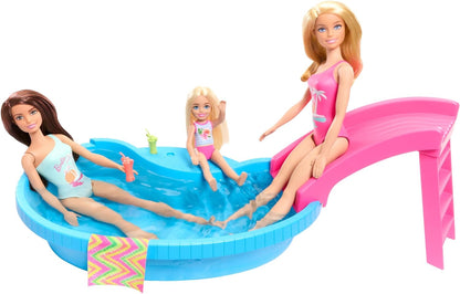 Barbie Muñeca Rubia con bañador Rosa, Piscina, tobogán y Accesorios para el Agua, Juguete +3 años (Mattel HRJ74)