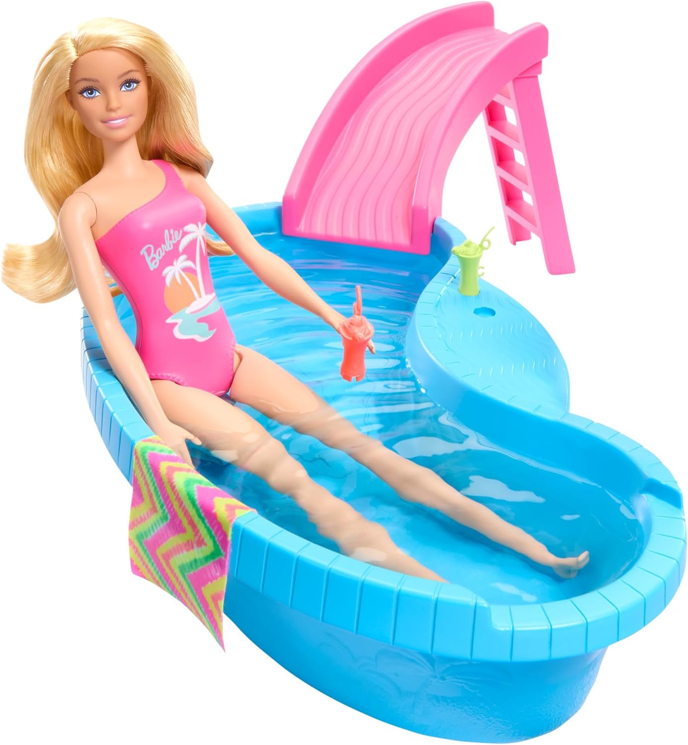 Barbie Muñeca Rubia con bañador Rosa, Piscina, tobogán y Accesorios para el Agua, Juguete +3 años (Mattel HRJ74)