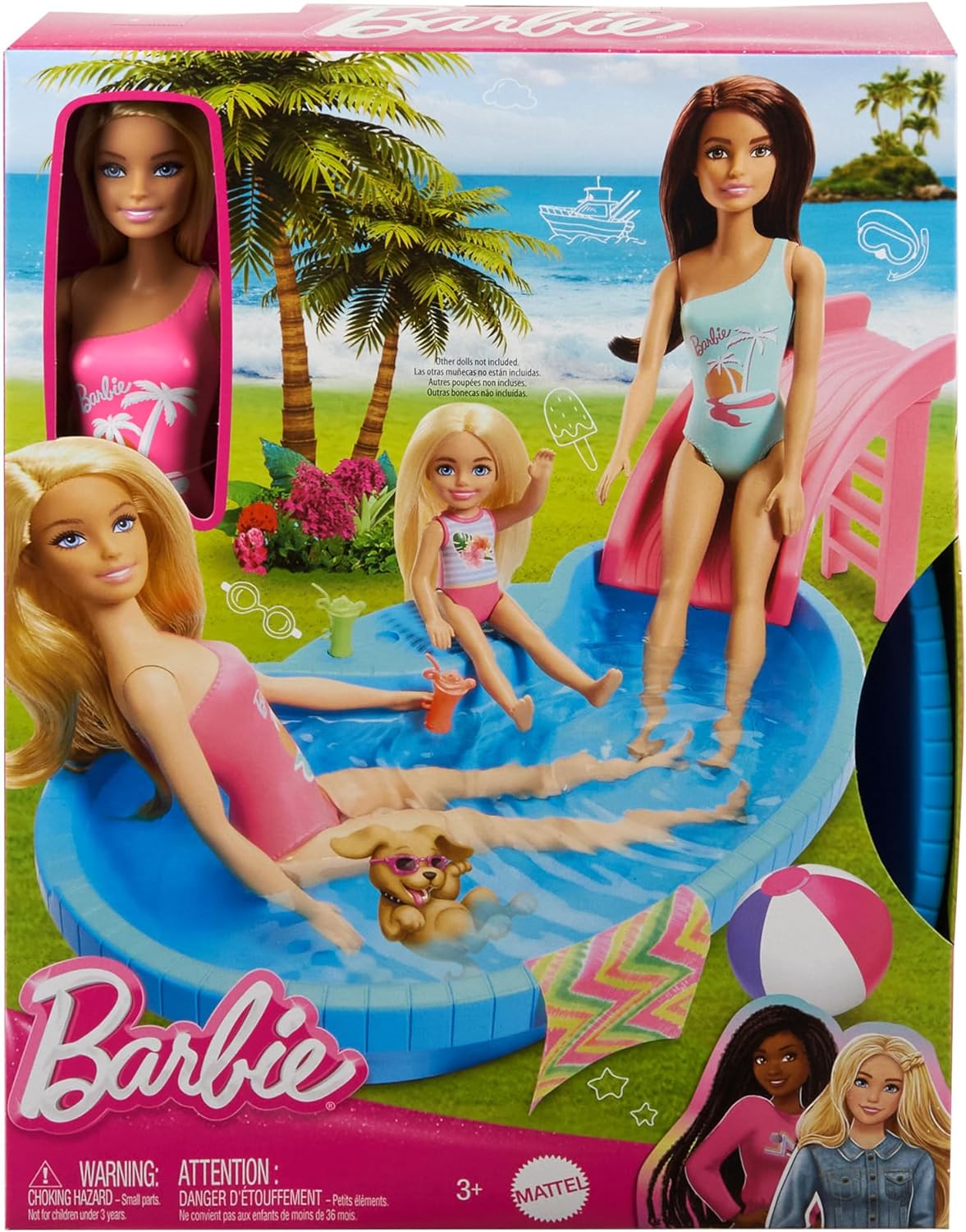 Barbie Muñeca Rubia con bañador Rosa, Piscina, tobogán y Accesorios para el Agua, Juguete +3 años (Mattel HRJ74)