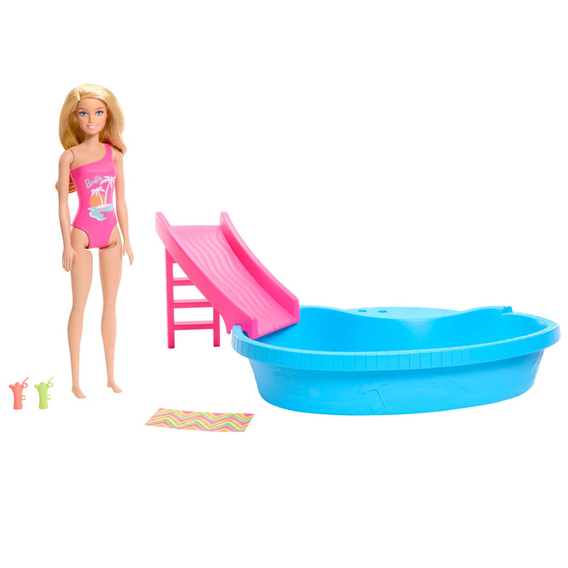 Barbie Muñeca Rubia con bañador Rosa, Piscina, tobogán y Accesorios para el Agua, Juguete +3 años (Mattel HRJ74)