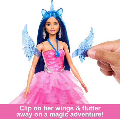 Barbie Hadacornio Zafiro Muñeca Unicornio con alas, Cuerno y Vestido Rosa, 65 Aniversario, Serie Un Toque de Magia, Juguete +3 años (Mattel HRR16