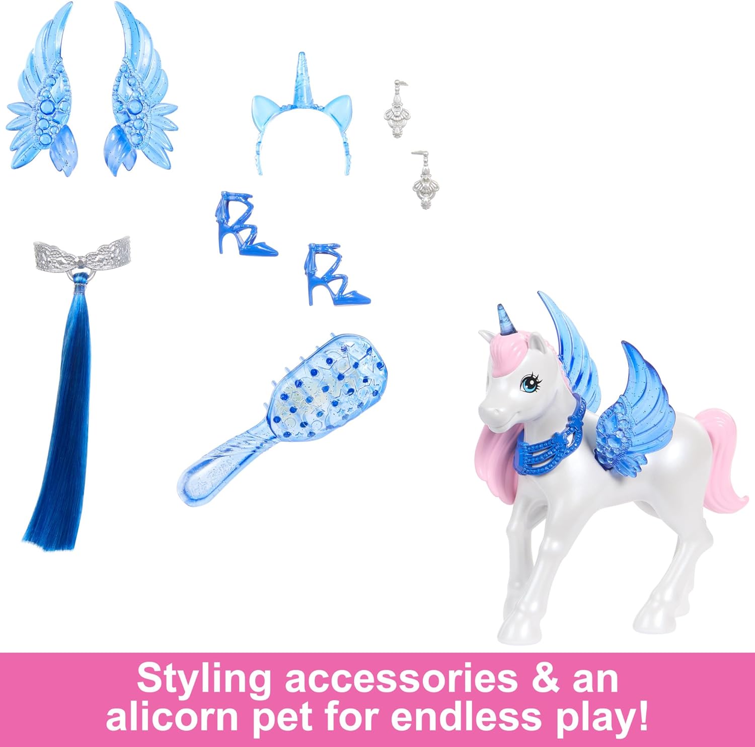 Barbie Hadacornio Zafiro Muñeca Unicornio con alas, Cuerno y Vestido Rosa, 65 Aniversario, Serie Un Toque de Magia, Juguete +3 años (Mattel HRR16