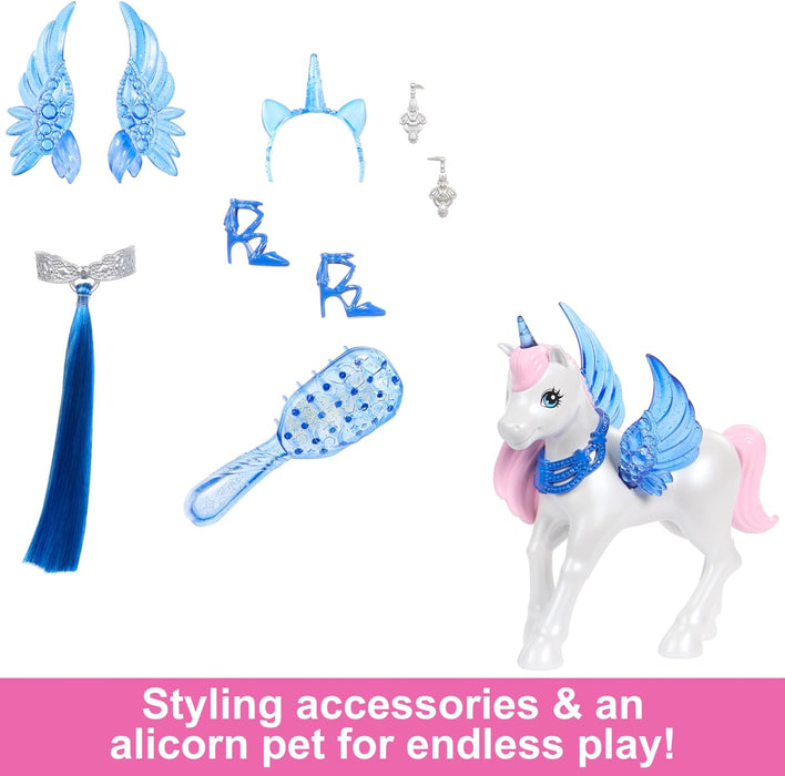 Barbie Hadacornio Zafiro Muñeca Unicornio con alas, Cuerno y Vestido Rosa, 65 Aniversario, Serie Un Toque de Magia, Juguete +3 años (Mattel HRR16