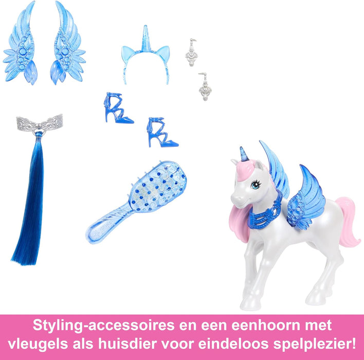 Barbie Hadacornio Zafiro Muñeca Unicornio con alas, Cuerno y Vestido Rosa, 65 Aniversario, Serie Un Toque de Magia, Juguete +3 años (Mattel HRR16