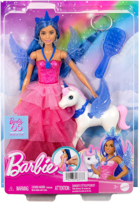Barbie Hadacornio Zafiro Muñeca Unicornio con alas, Cuerno y Vestido Rosa, 65 Aniversario, Serie Un Toque de Magia, Juguete +3 años (Mattel HRR16