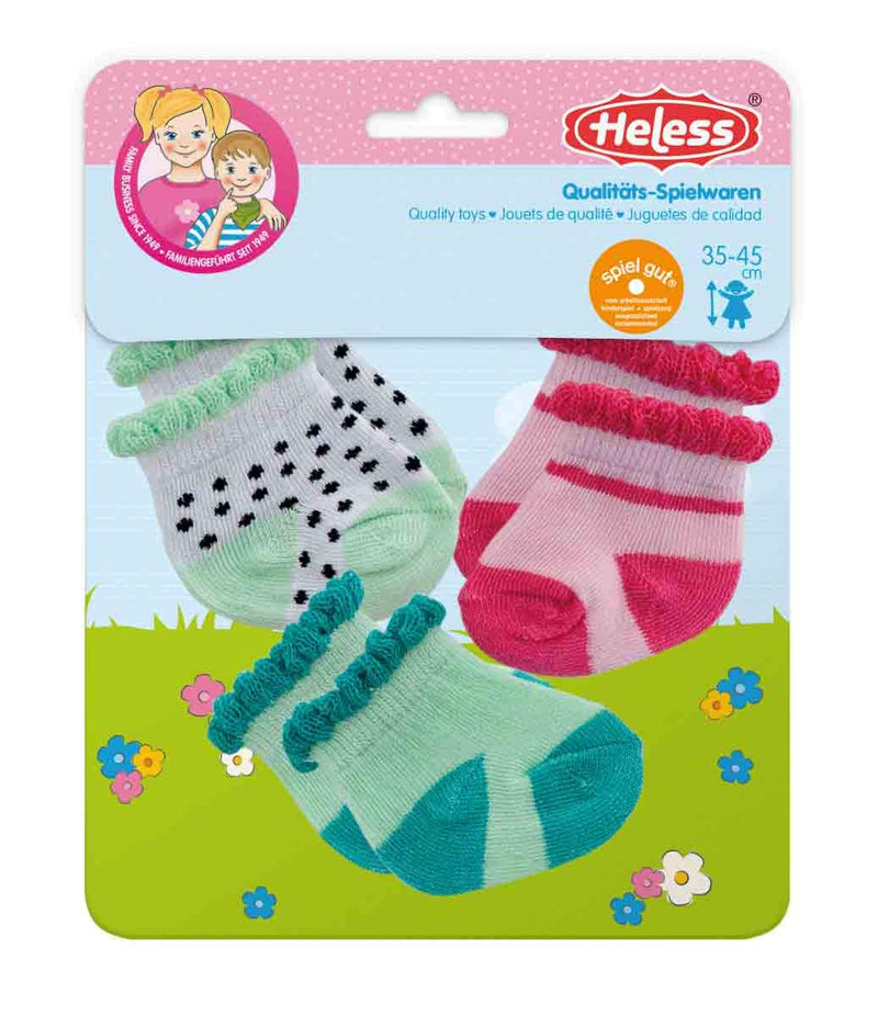 Heless 173 - Söckchen für Puppen, in den Farben mint, rosa und mit schwarz-weißen Pünktchen, 3 Paar, Größe 35 - 45 cm