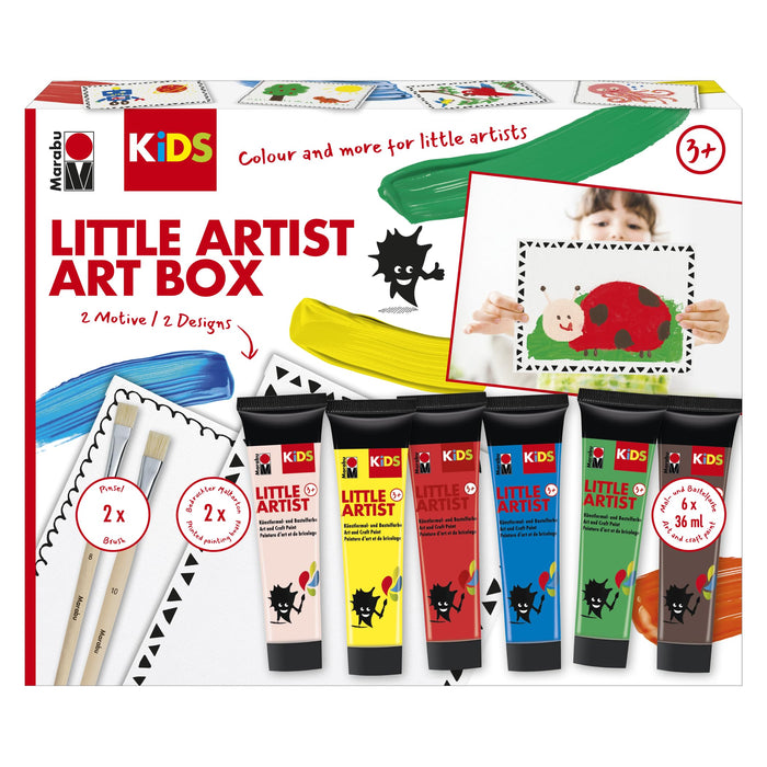 Marabu Kids Little Artist Art Box, Scatola Creare Oggetti 3 Anni in su, con 6 Colori per Bambini da 36 ml, pennelli e Lavagna per colorare, 0305000000114, Multicolor, Universal