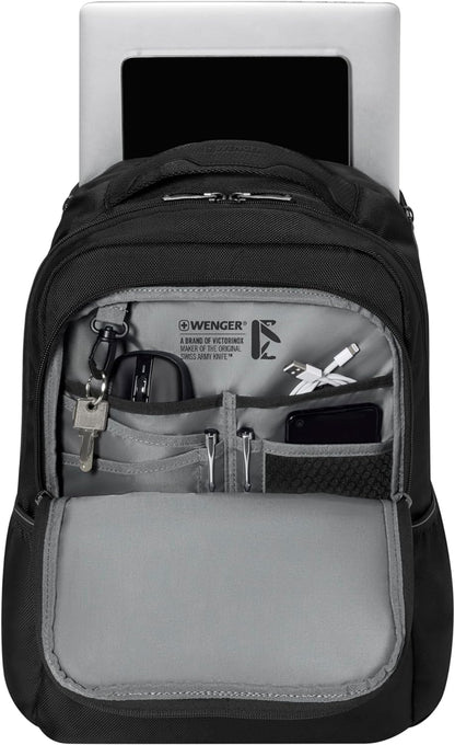 WENGER Laptop Backpack with Tablet Compartment, Notebook, Tablet up to 10 Inches, Organiser, Women, Men, Office, Business, Travel, University, Sustainable Black