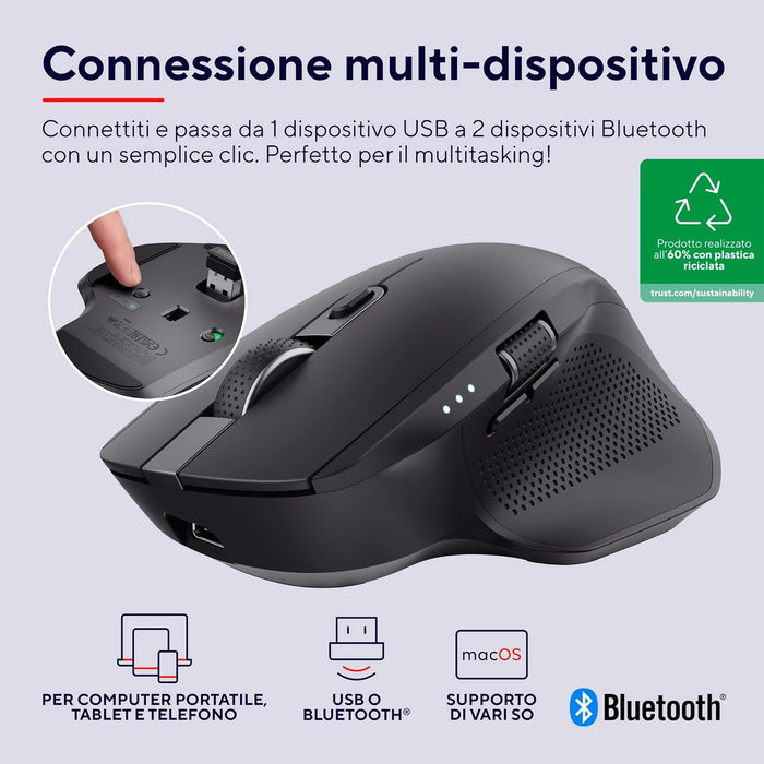 Trust Ozaa+ Multidevice Wireless Mouse Bluetooth + 2.4GHz, Programmable Silent Mouse, Side Scroll Wheel, 60% Recycled Plastics, Rechargeable Bluetooth Mouse for Laptop PC Computer Mac