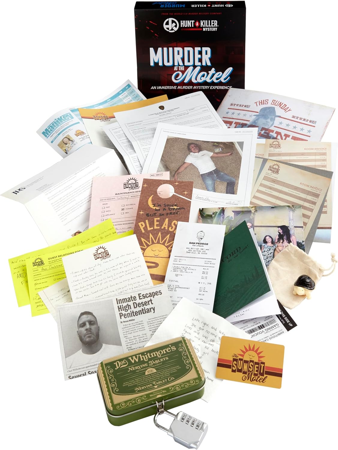 Hunt A Killer Mystery MURDER AT THE MOTEL Un coinvolgente omicidio misterioso gioco Usa le prove realistiche e i documenti per catturare l'assassino. Da 1 a 5 giocatori di età superiore ai 14 anni