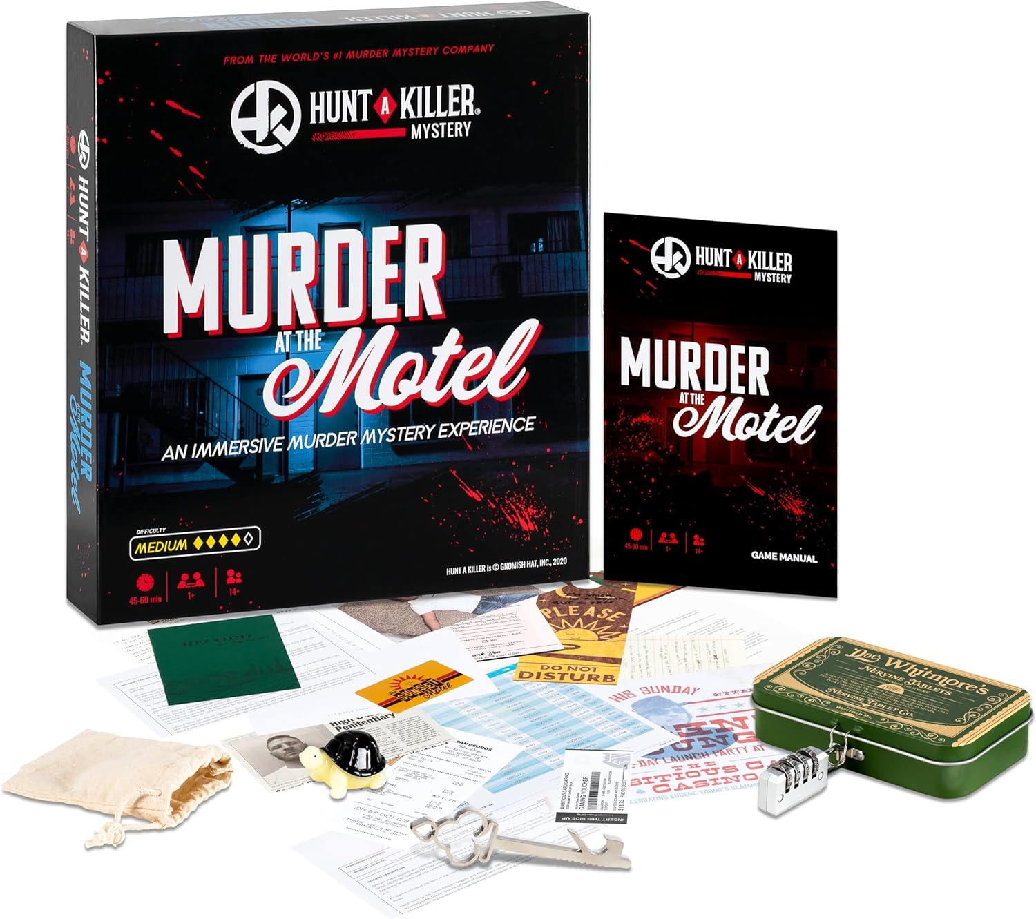 Hunt A Killer Mystery MURDER AT THE MOTEL Un coinvolgente omicidio misterioso gioco Usa le prove realistiche e i documenti per catturare l'assassino. Da 1 a 5 giocatori di età superiore ai 14 anni