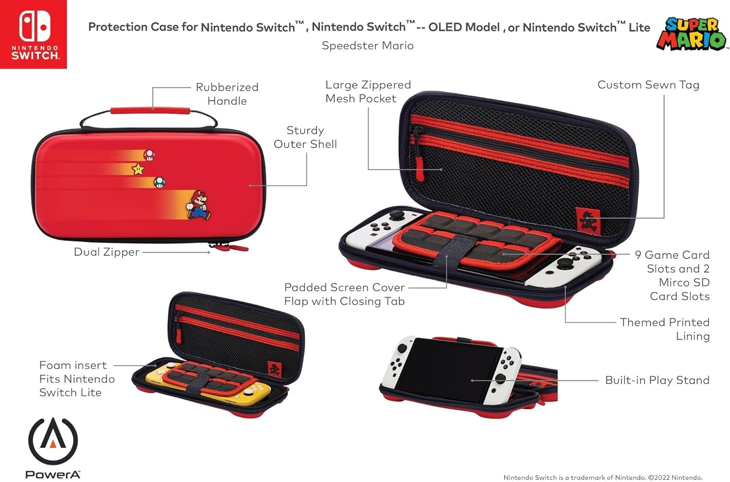 PowerA Protection Case for Nintendo Switch, Switch Lite & OLED Model, Hard Shell Protective Pouch with Carry Handle and 9 Game Cards Storage, Official: Speedster Mario Protection Case Speedster Mario