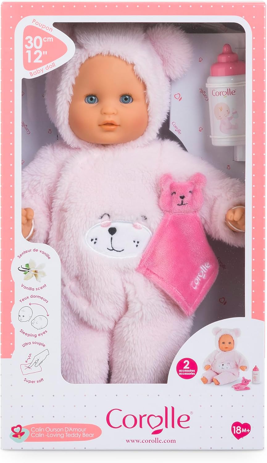 Corolle Mon Premier Poupon Calin Teddybär, Weichkörperpuppe mit Schlafaugen, Teddy-Onesie abnehmbar, Flasche und Schnuffeltuch, Vanilleduft, 30cm, ab 18 Monate