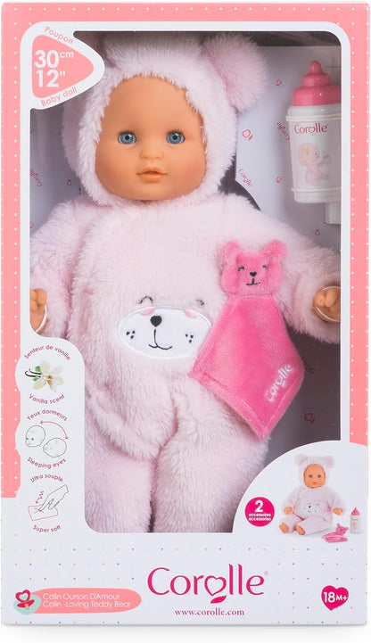 Corolle Mon Premier Poupon Calin Teddybär, Weichkörperpuppe mit Schlafaugen, Teddy-Onesie abnehmbar, Flasche und Schnuffeltuch, Vanilleduft, 30cm, ab 18 Monate