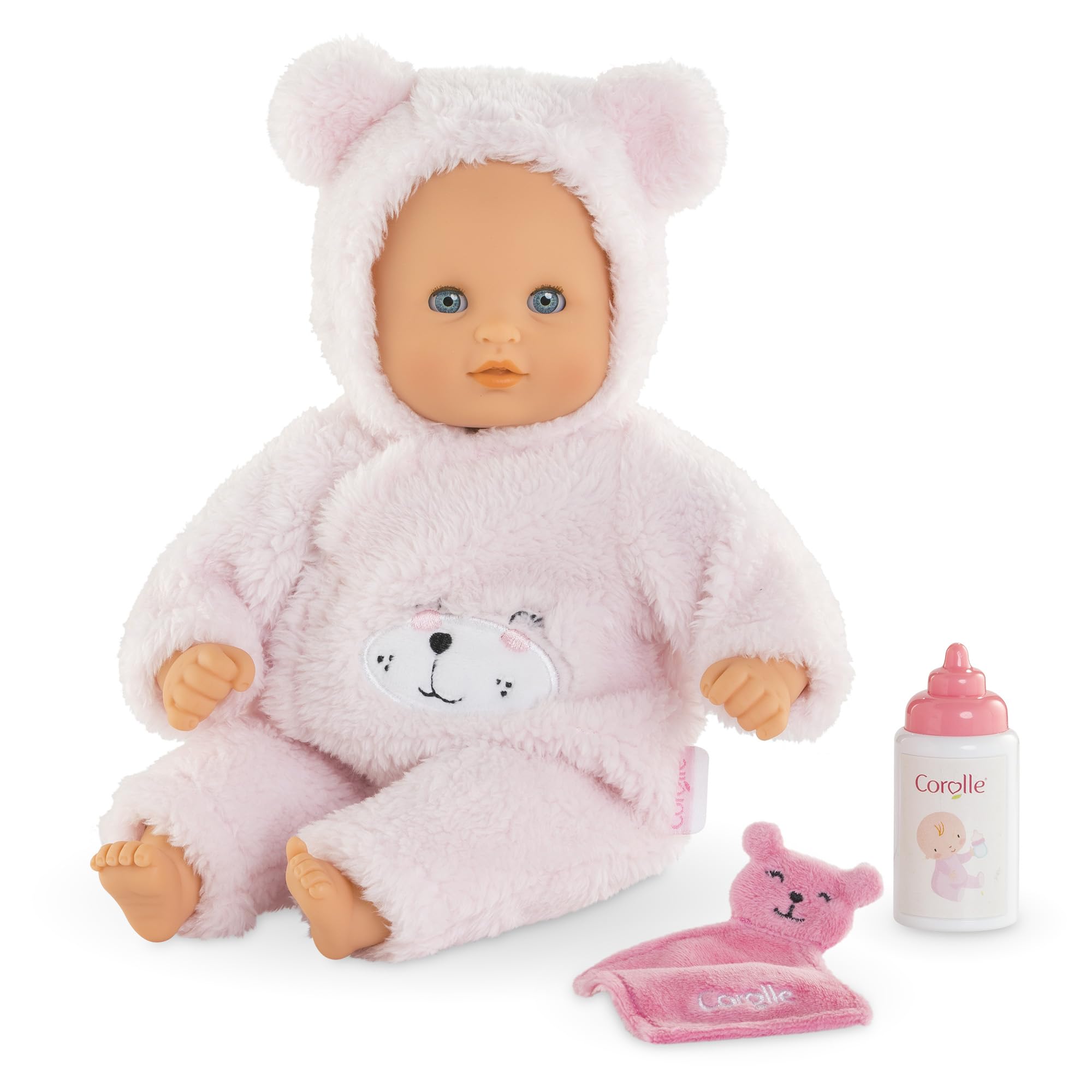 Corolle Mon Premier Poupon Calin Teddybär, Weichkörperpuppe mit Schlafaugen, Teddy-Onesie abnehmbar, Flasche und Schnuffeltuch, Vanilleduft, 30cm, ab 18 Monate