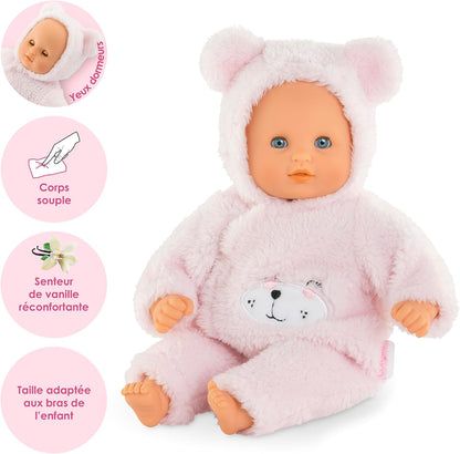 Corolle Mon Premier Poupon Calin Teddybär, Weichkörperpuppe mit Schlafaugen, Teddy-Onesie abnehmbar, Flasche und Schnuffeltuch, Vanilleduft, 30cm, ab 18 Monate