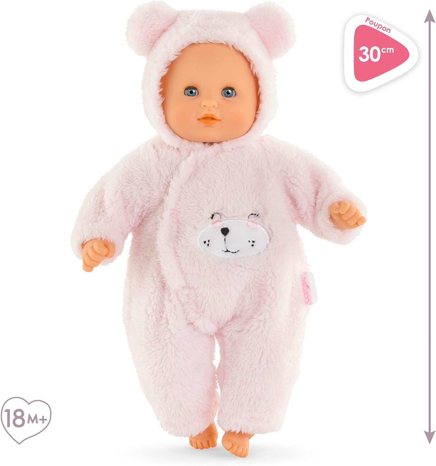 Corolle Mon Premier Poupon Calin Teddybär, Weichkörperpuppe mit Schlafaugen, Teddy-Onesie abnehmbar, Flasche und Schnuffeltuch, Vanilleduft, 30cm, ab 18 Monate